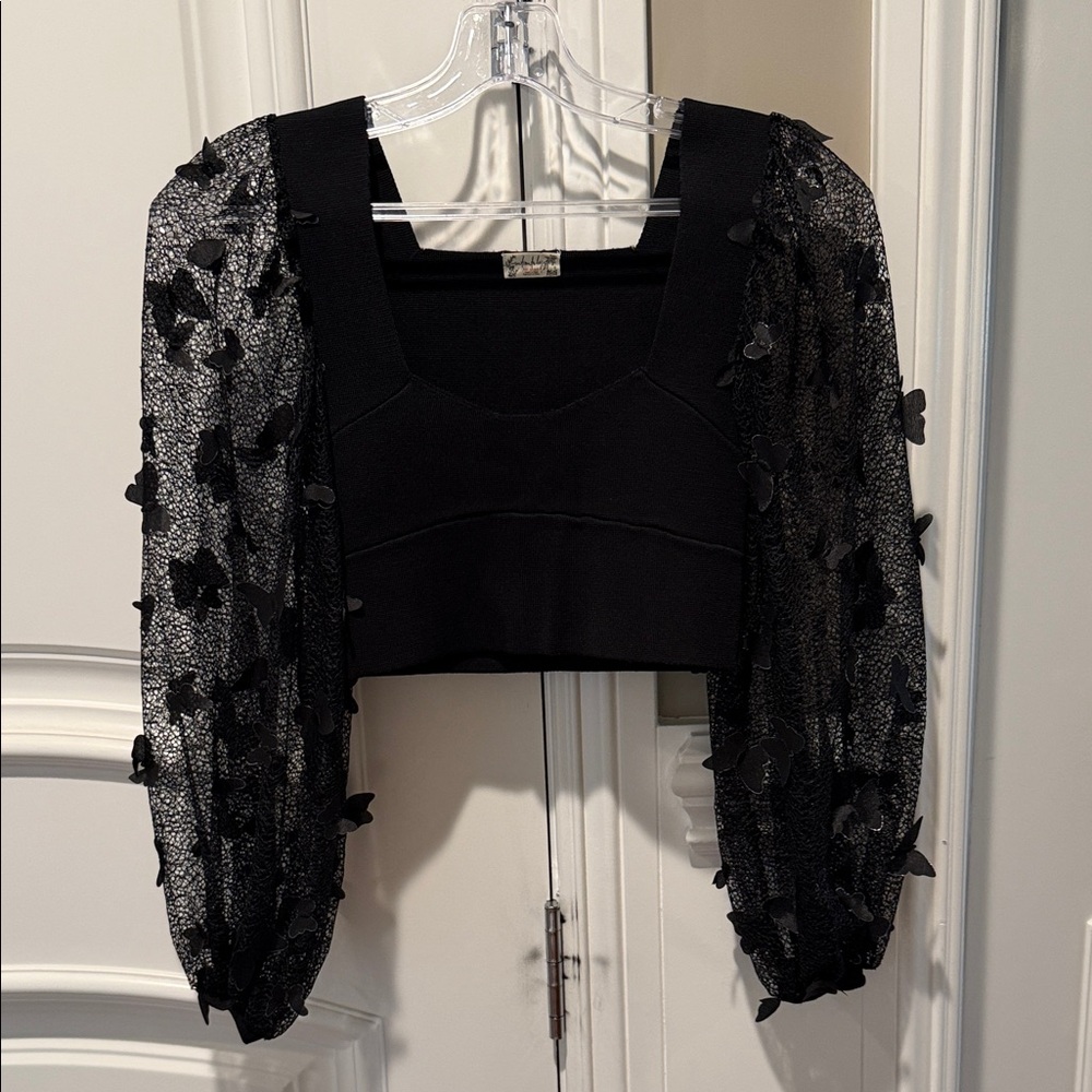 Free People Black Puff-Sleeve Butterfly Appliqué Crop Top